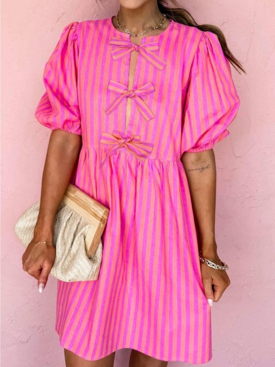 Dresses & Skirts - Pink Stripe Mini Dress with Bow Accents